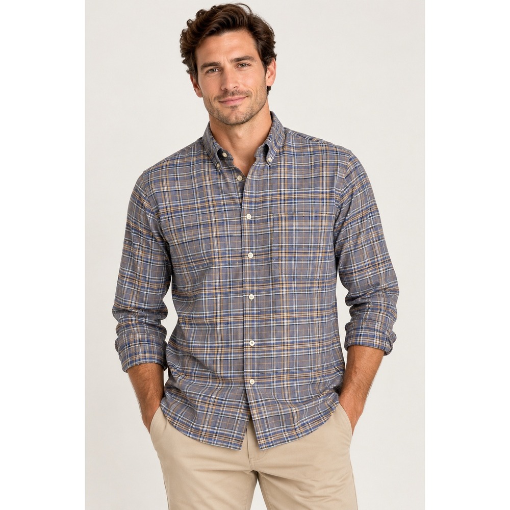 Southern Tide Men Blue Grey Plaid Classic Fit Cotton Stretch Button Down Shirt L